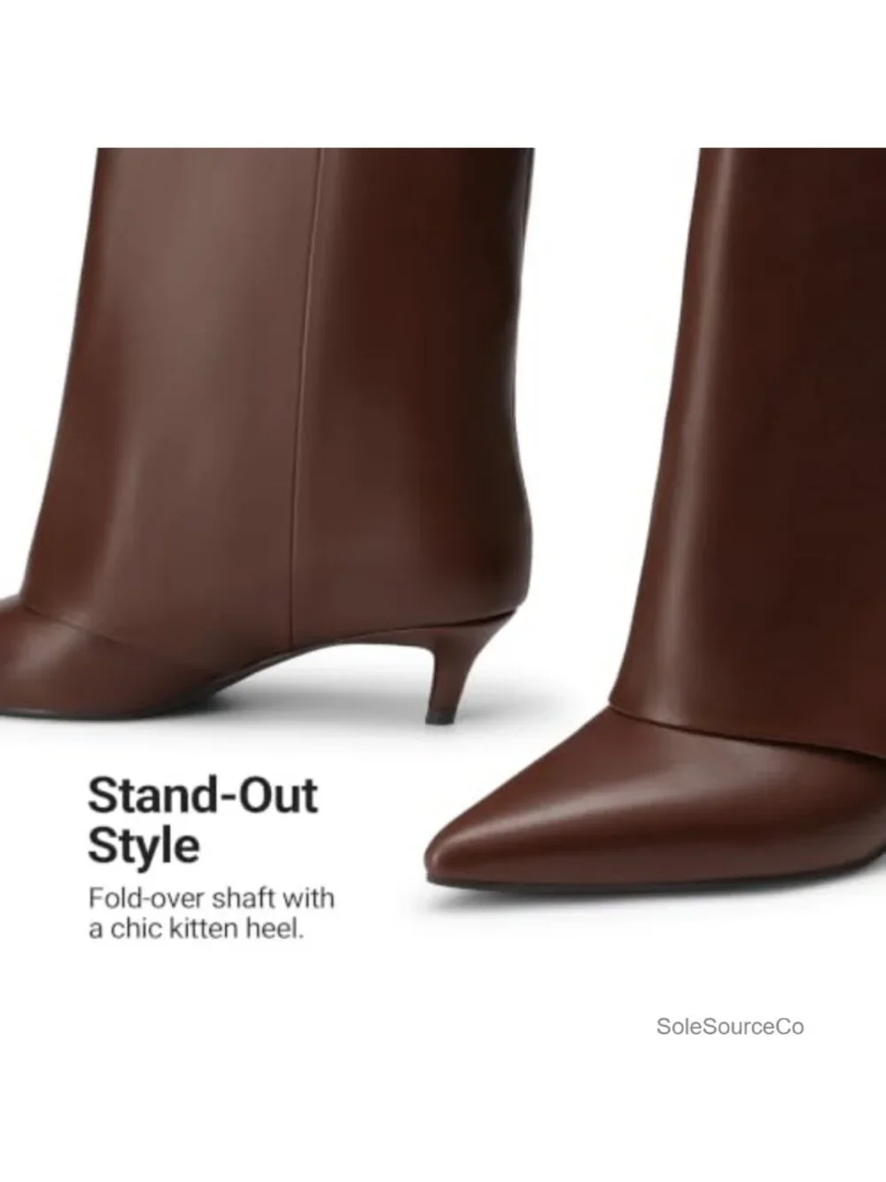 Faux Leather Fold-Over Knee High Boots Pointed Toe Kitten Heel
